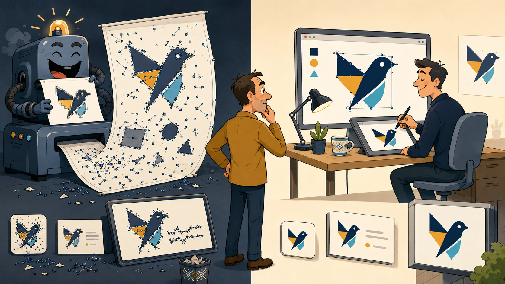Vergelijking tussen een rommelige automatisch getraceerde vector en schoon handmatig opgebouwd logo