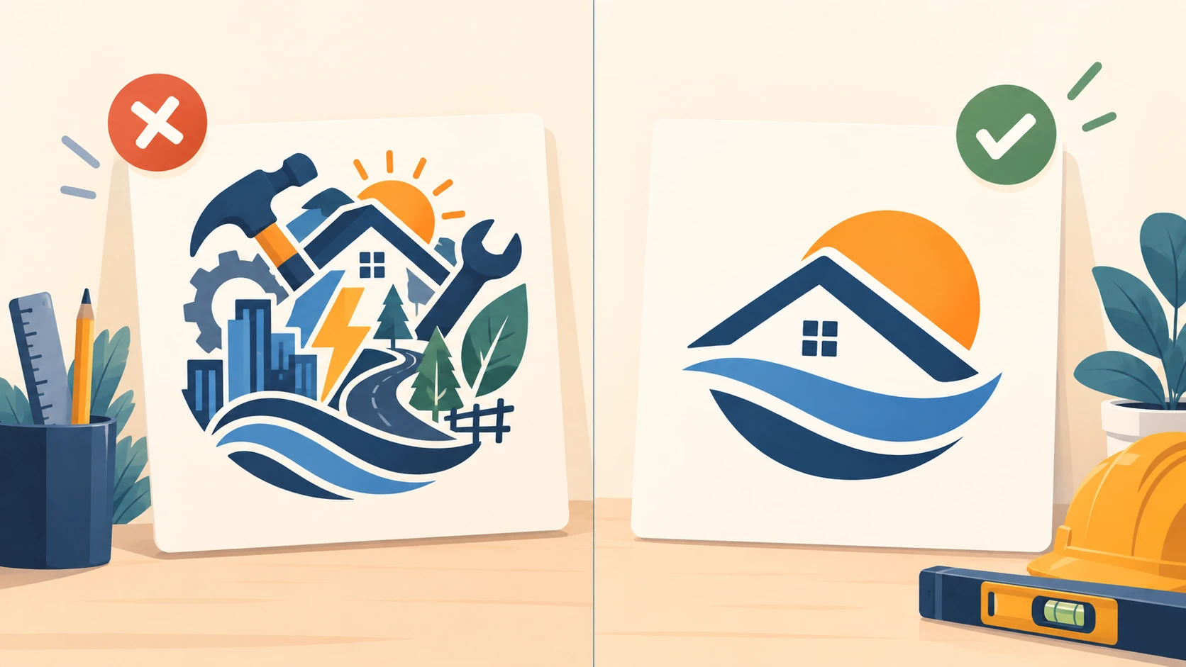 Vergelijking tussen een overladen logo en een eenvoudig herkenbaar teken
