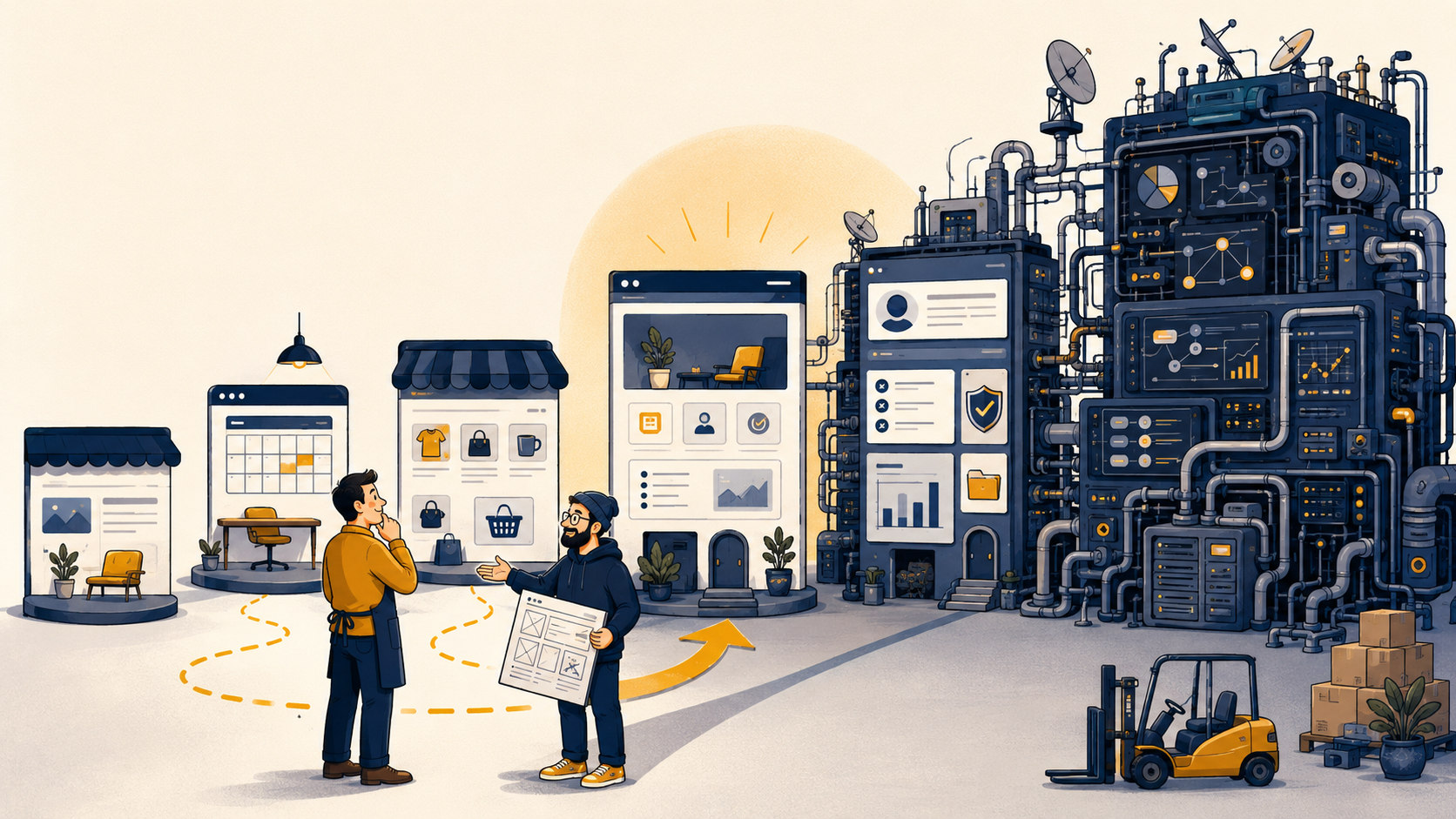 Een ondernemer kijkt naar de weg van een eenvoudige website naar een compleet digitaal bedrijfssysteem